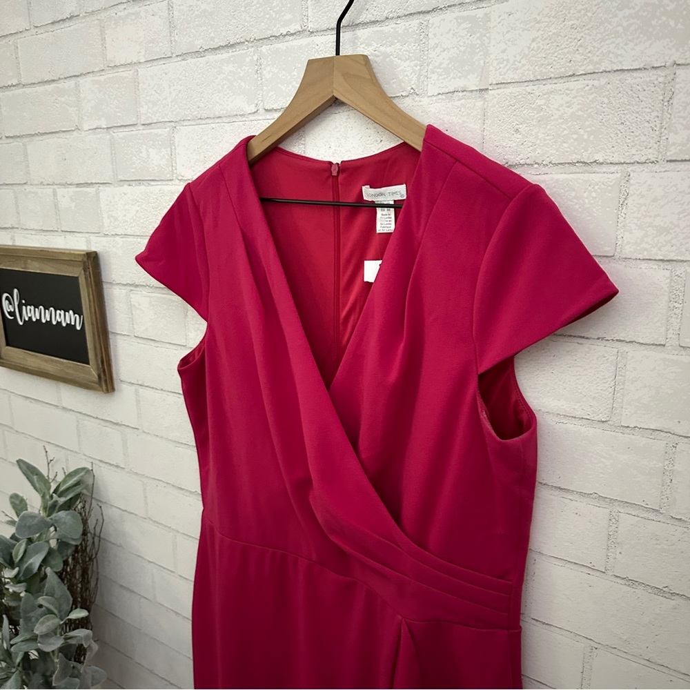 LONDON TIMES Pink Faux Wrap Ruffle Cap Sleeve Dress - Picture 6 of 11